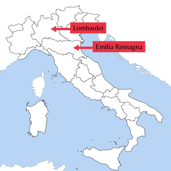 Landkarte Italien mit Marker auf Emilia-Romagna und Lombardei